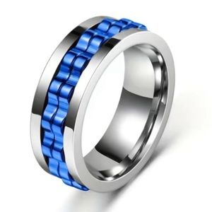 Stainless Steel Blue Gear Spinner Ring Moving Gear Band Silver SIZE 13